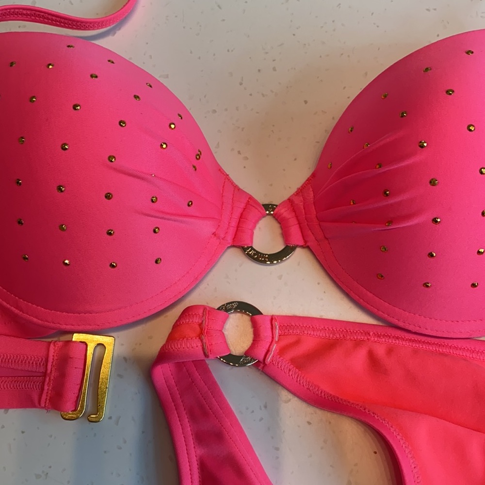 Smart & Sexy Neon Pink Gold Side Tie Bikini Swimsuit Set Size M 36B - Picture 8 of 8